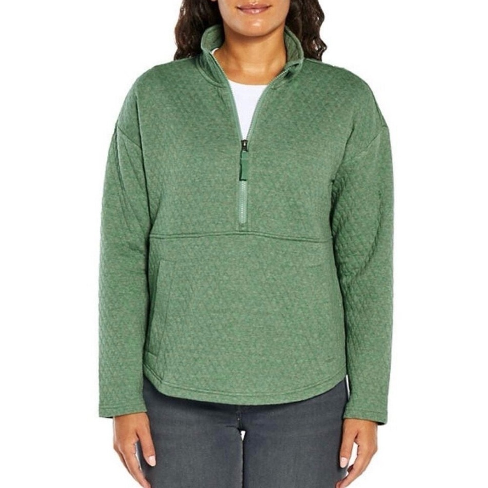 Eddie Bauer Women Quilted Half Zip Pullover Sweater Sz Small Green Pocket Cotton